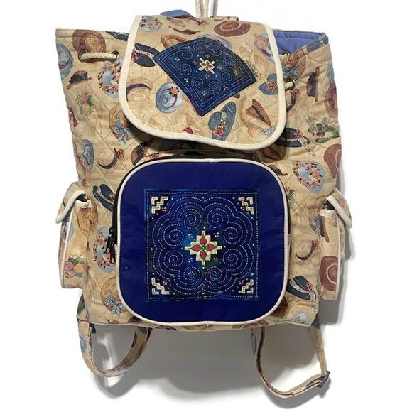 Quilted Ladies Backpack With Bonnet Hats Brown and Blue 13 x 14 - Picture 11 of 11